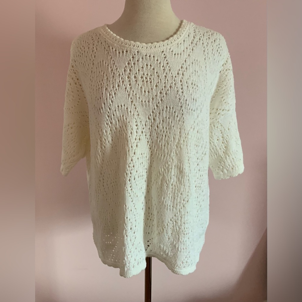Vintage Open-Knit Short Sleeve Scoop Neck Sweater